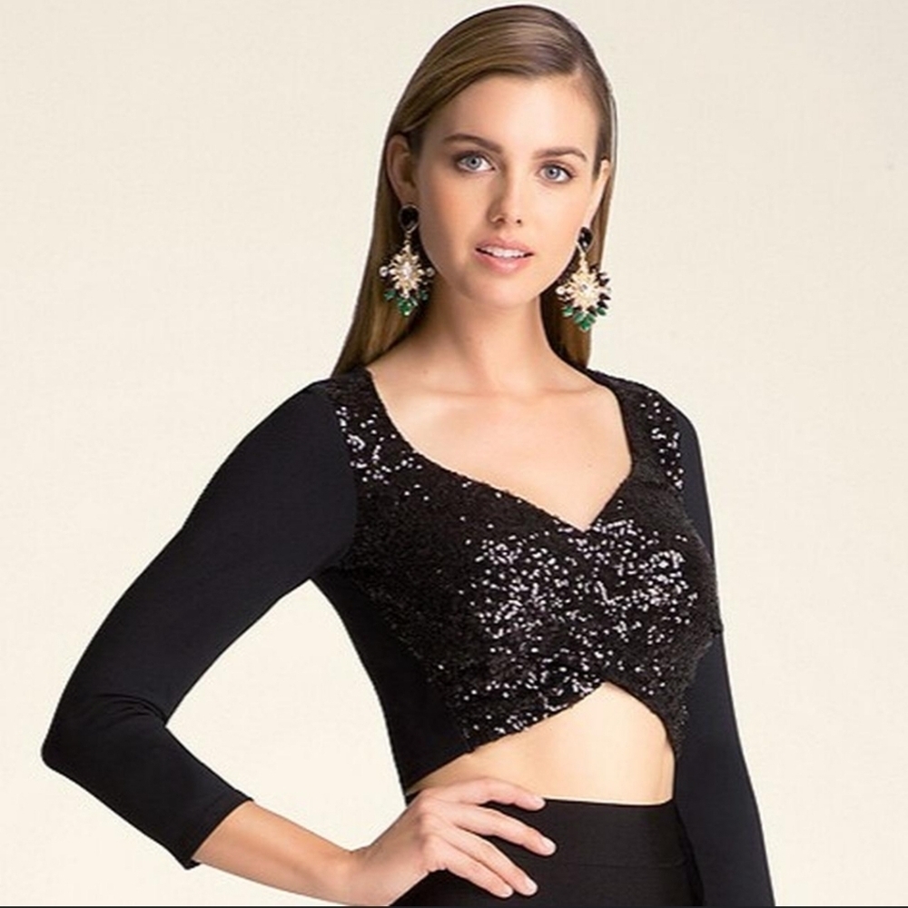 Bebe Cropped Sequin Wrap Ballet Style Top size XL Black